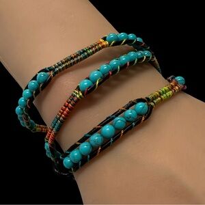 Wrap Bracelet Blue Black Beaded Boho Style Adjustable Length